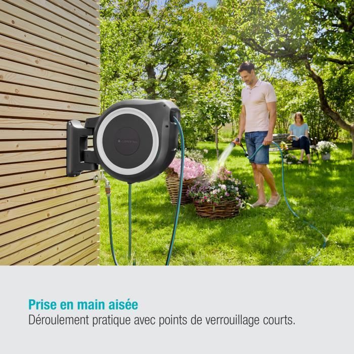 GARDENA Dévidoir automatique mural RollUp M/L liseret blanc – Longueur 25m – Ř13mm – Kit complet – Garantie 5 ans (18622-20)