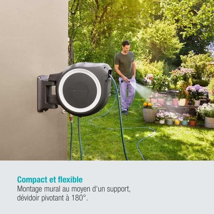 GARDENA Dévidoir automatique mural RollUp M/L liseret blanc – Longueur 25m – Ř13mm – Kit complet – Garantie 5 ans (18622-20)