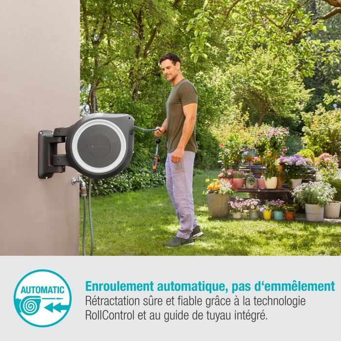 GARDENA Dévidoir automatique mural RollUp M/L liseret blanc – Longueur 25m – Ř13mm – Kit complet – Garantie 5 ans (18622-20)