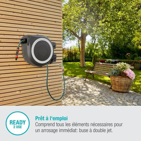GARDENA Dévidoir automatique mural RollUp M/L liseret blanc – Longueur 25m – Ř13mm – Kit complet – Garantie 5 ans (18622-20)