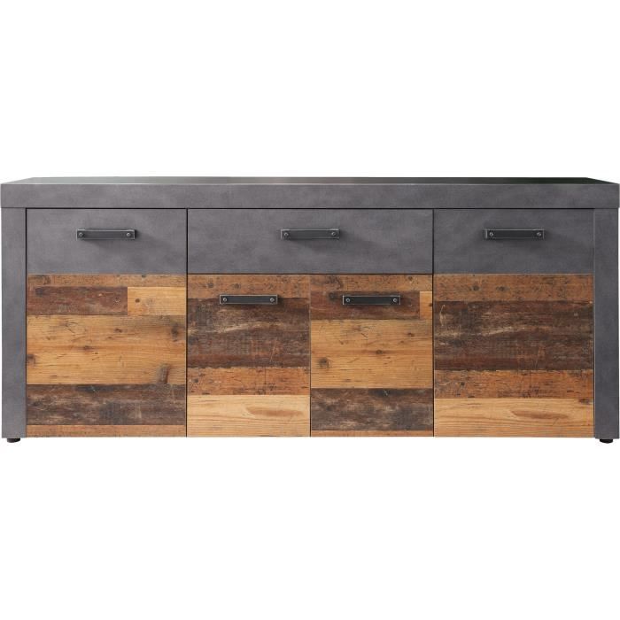 Buffet bas INDY 4 Portes et 1 Tiroir - Mélaminé bois vieilli et gris mat - L 178 x P 40 x H 77 cm