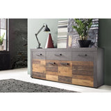 Buffet bas INDY 4 Portes et 1 Tiroir - Mélaminé bois vieilli et gris mat - L 178 x P 40 x H 77 cm