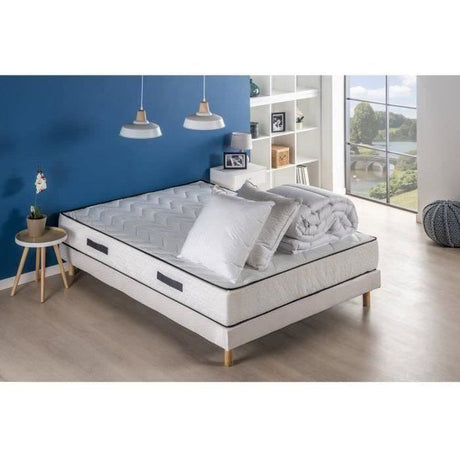 Pack sommier matelas 140 x 190 cm - Hauteur 24 cm - Couette et 2 oreillers - 7 zones - réversible - fabriqué en Belgique