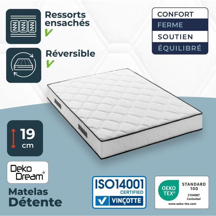Ensemble matelas sommier 160 x 200 cm Hauteur 19 cm - ressorts ensachés - 7 zones - réversible - fabriqué en Belgique - DEKO DREAM