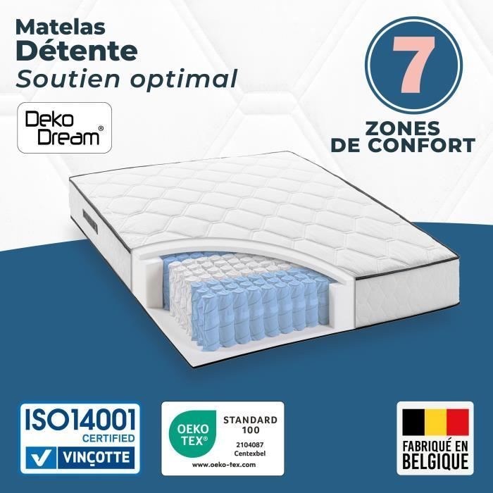 Ensemble matelas sommier 140 x 190 cm Hauteur 27 cm - ressorts ensachés - 7 zones - réversible - fabriqué en Belgique - DEKO DREAM