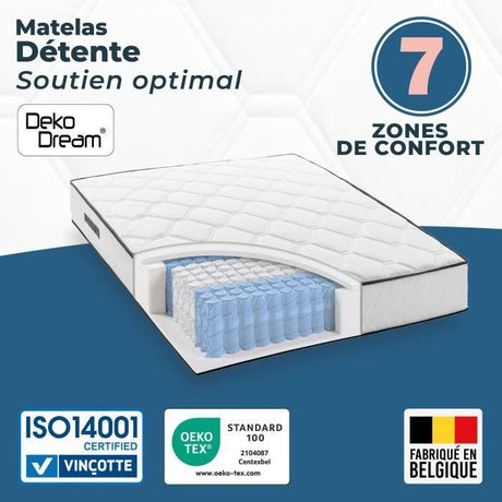 Ensemble matelas sommier 140 x 190 cm Hauteur 27 cm - ressorts ensachés - 7 zones - réversible - fabriqué en Belgique - DEKO DREAM