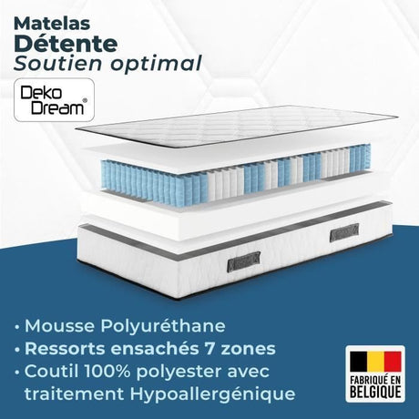 Ensemble matelas sommier 140 x 190 cm Hauteur 27 cm - ressorts ensachés - 7 zones - réversible - fabriqué en Belgique - DEKO DREAM