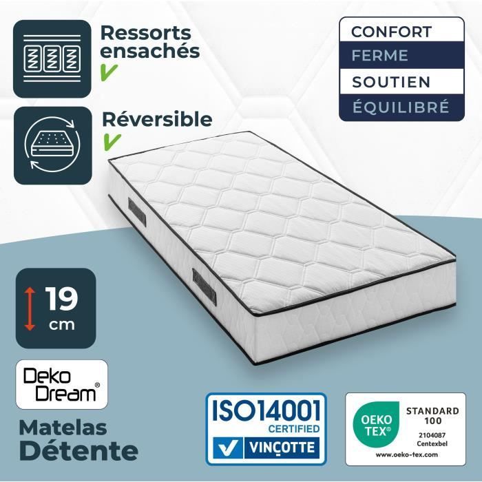 Ensemble matelas sommier 90 x 190 cm Hauteur 19 cm - ressorts ensachés - 7 zones - réversible - fabriqué en Belgique - DEKO DREAM