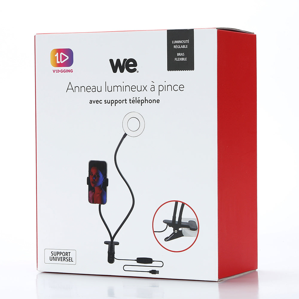 WE Anneau lumineux led avec support téléphone universel et pince d'accroche. 3 m