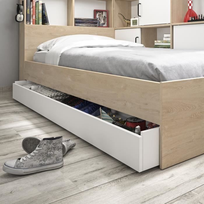 GAMI Erwan Lit enfant avec rangements - Décor blanc et châtaignier - 90 x 200 cm