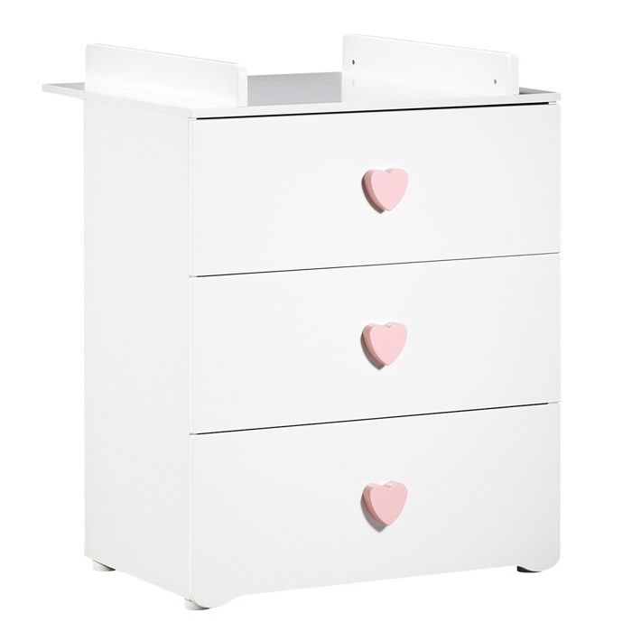 Changing table - Babyprice - Basic - 3 drawers - Wooden - Pink heart buttons