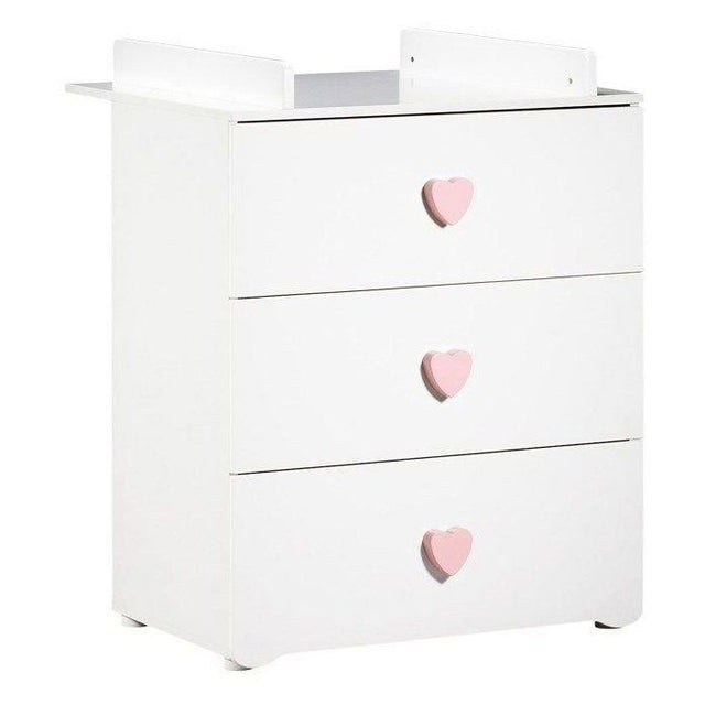 Commode a langer - Babyprice - Basic - 3 tiroirs - En bois - Boutons coeur rose