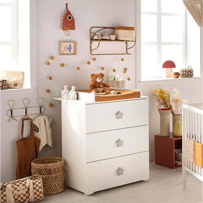 Commode a langer - Babyprice - Basic - 3 tiroirs - Blanche - Boutons étoiles grises