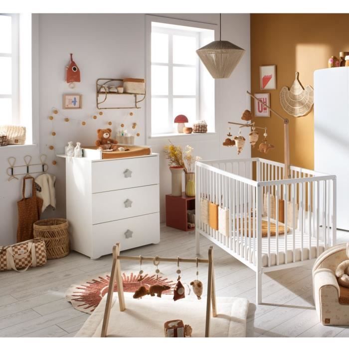Commode a langer - Babyprice - Basic - 3 tiroirs - Blanche - Boutons étoiles grises