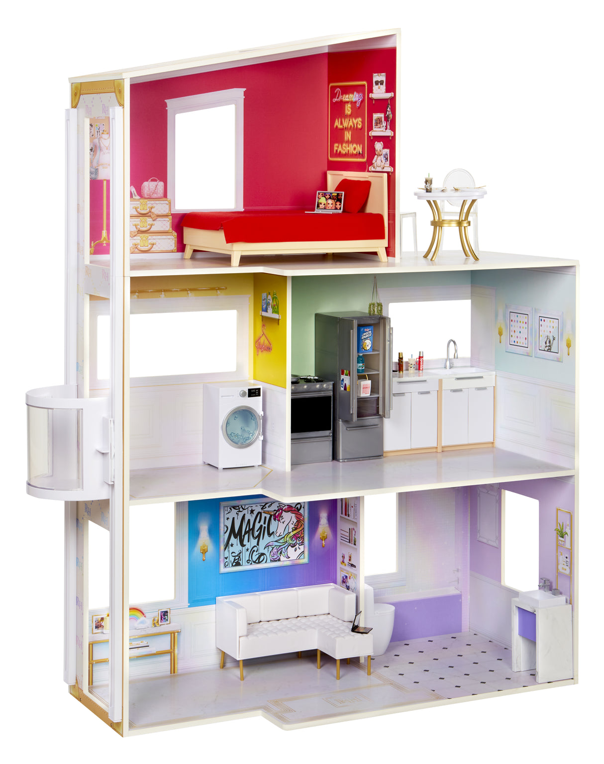 Rainbow High Townhouse - Maison en bois 3 étages et 6 pieces - Ascenseur fontionnel et meubles mobiles