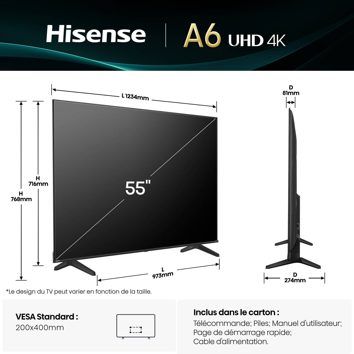 Hisense 58A6Q - TV LED 58" (146 cm) - 4K UHD 3840x2160 - HDR10+ - TV connecté - 4xHDMI 2.1 - WiFi