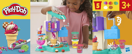 PlayDoh Mes Glaces Arc-en-Ciel, Pâte a modeler, Machine a Creme Glacée factice, 5 pots de 56 g  et accessoires, des 3 ans