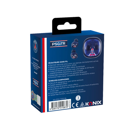 Écouteurs sans fil - KONIX - PSG - Autonomie 8 h + 15 h avec boîtier - Résistance a l'eau IPX4 - Bluetooth - Bleu