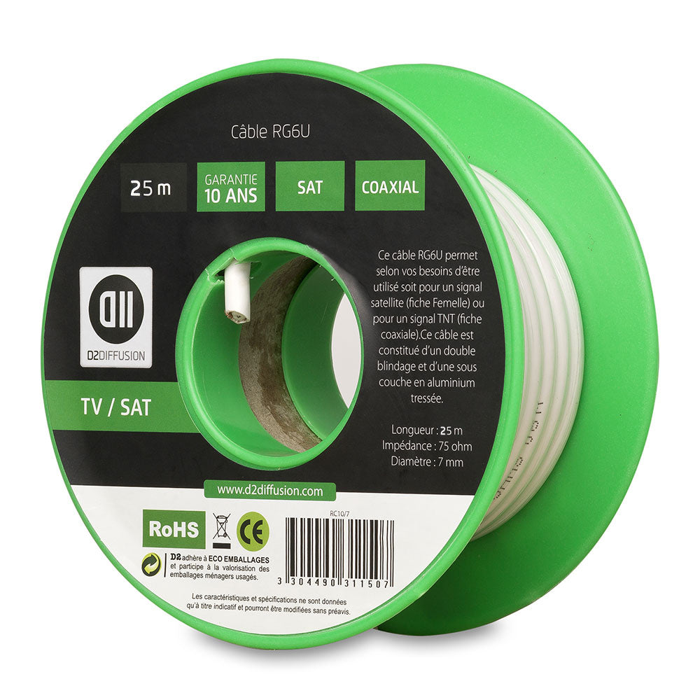 Bobine de c ble Coaxial 25 m Blanc diamètre 7mm