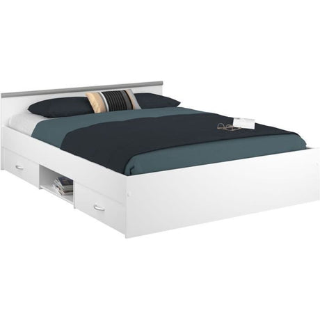 ZODIAC Lit adulte 140x190 cm - 2 tiroirs et 1 niche - Contemporain - Blanc mat