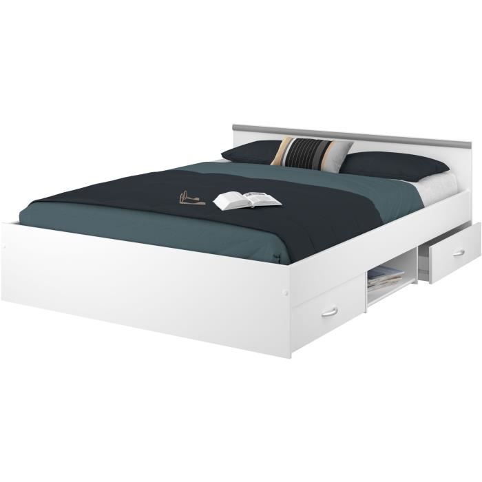 ZODIAC Lit adulte 140x190 cm - 2 tiroirs et 1 niche - Contemporain - Blanc mat