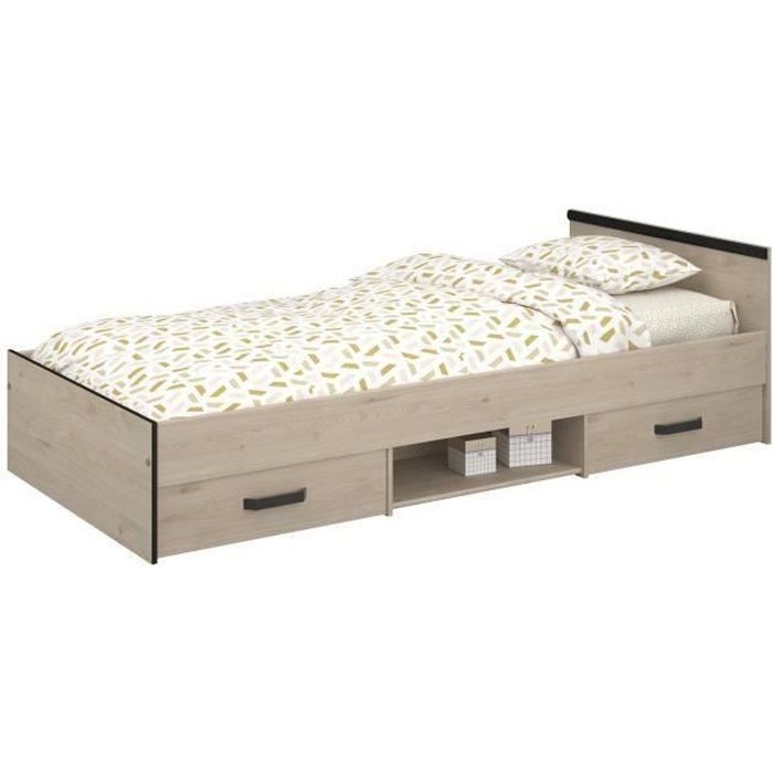 Lit enfant PARISOT Zodiac -  90x200 cm - Panneaux de particules -  Décor chene et noir  - Rangement