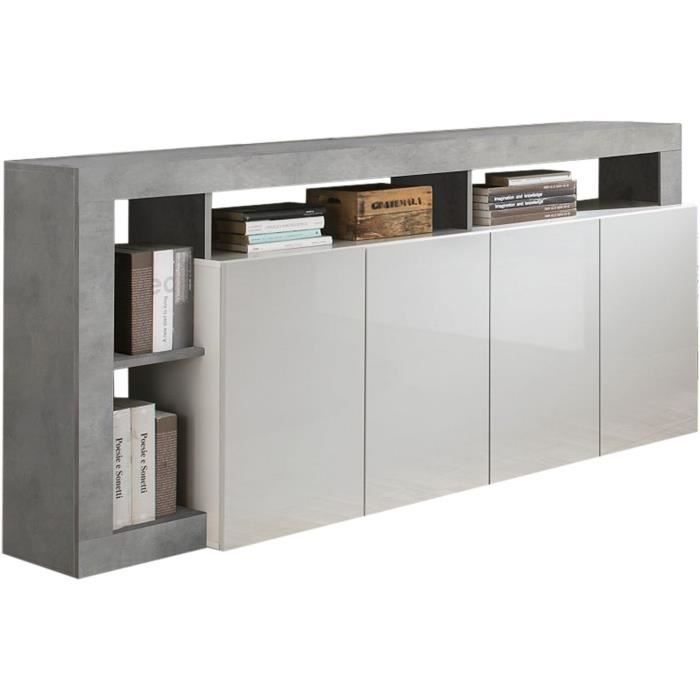 Buffet MAESTRO - Décor béton et blanc laqué brillant - 4 portes - L 184 x P 42 x H 93 cm