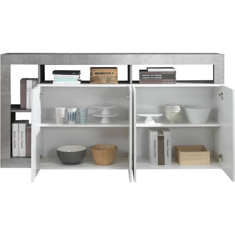 Buffet MAESTRO - Décor béton et blanc laqué brillant - 4 portes - L 184 x P 42 x H 93 cm