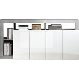 Buffet MAESTRO - Décor béton et blanc laqué brillant - 4 portes - L 184 x P 42 x H 93 cm