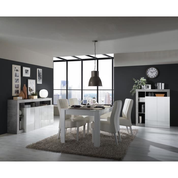 Buffet MAESTRO - Décor béton et blanc laqué brillant - 4 portes - L 184 x P 42 x H 93 cm