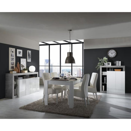 Buffet MAESTRO - Décor béton et blanc laqué brillant - 4 portes - L 184 x P 42 x H 93 cm