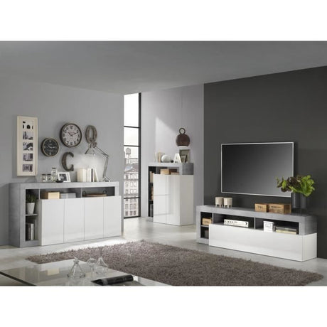 Buffet MAESTRO - Décor béton et blanc laqué brillant - 4 portes - L 184 x P 42 x H 93 cm