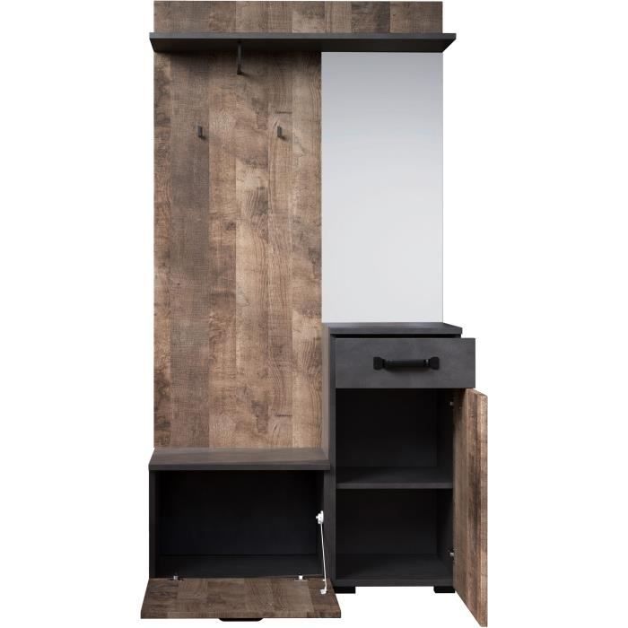 Meuble d'entrée, vestiaire SMILE 1 porte et 1 tiroir - Mélaminé chene tabac et gris mat - Miroir - L 104 x P 32 x H 190 cm