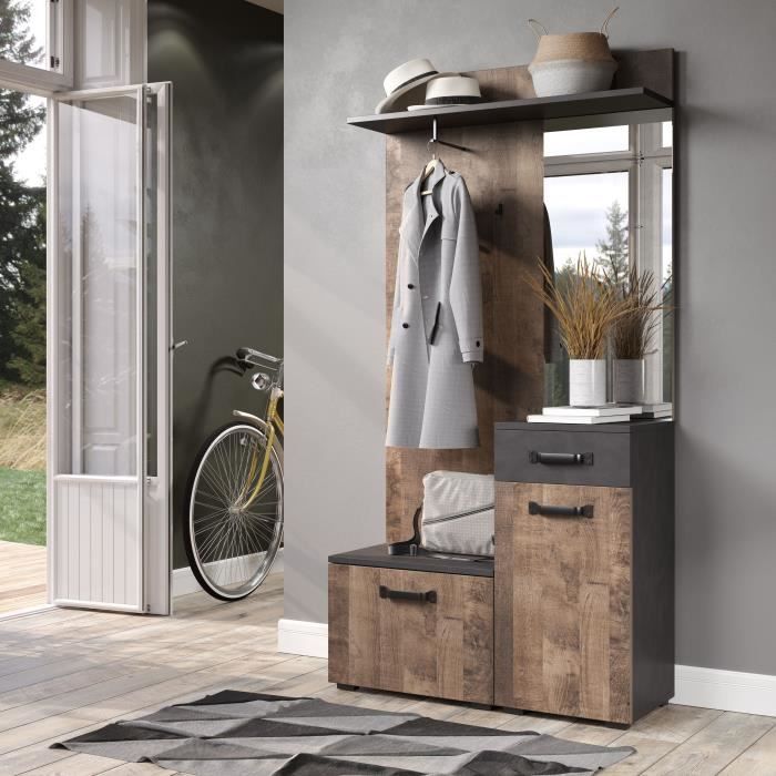 Meuble d'entrée, vestiaire SMILE 1 porte et 1 tiroir - Mélaminé chene tabac et gris mat - Miroir - L 104 x P 32 x H 190 cm