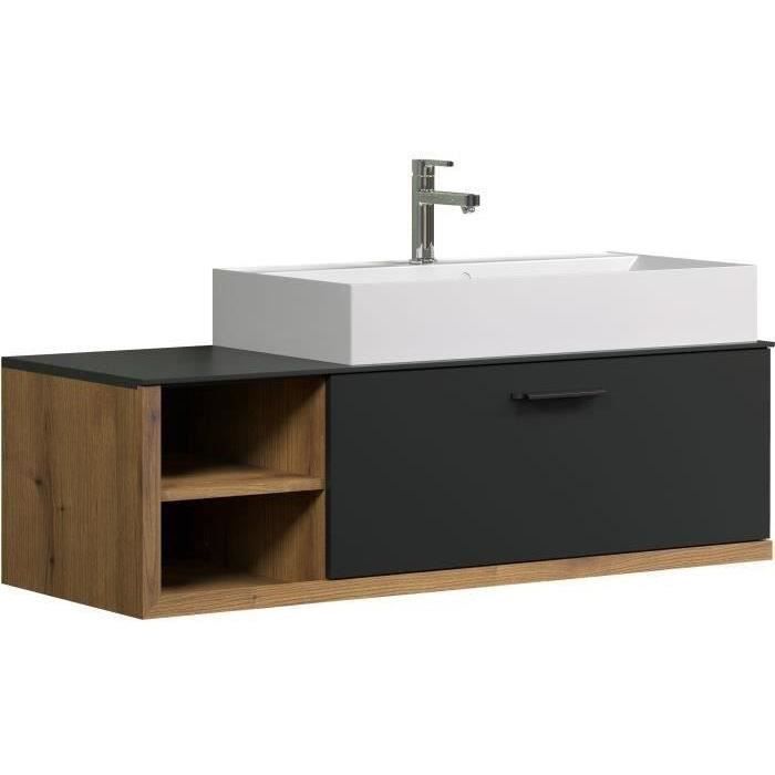 SYNNAX Salle de bain complete - Meuble sous vasque + vasque + armoire 3 portes - MÈlaminÈ gris et chene - TRENDTEAM