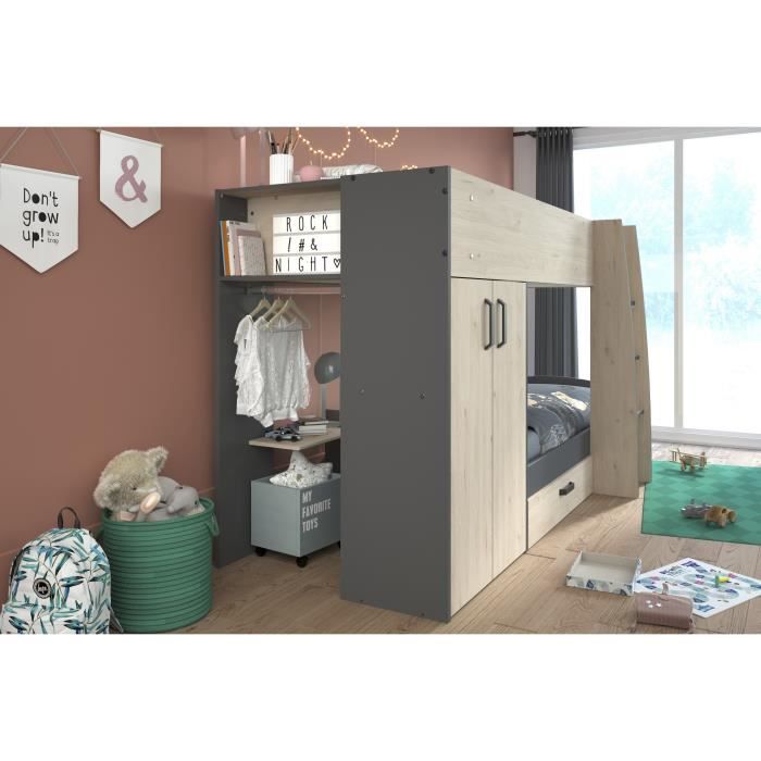 Lits superposés enfant avec rangements - PARISOT - Décor Chene Jackson et Gris Ombre - 2 x 90 x 200 cm - MIST