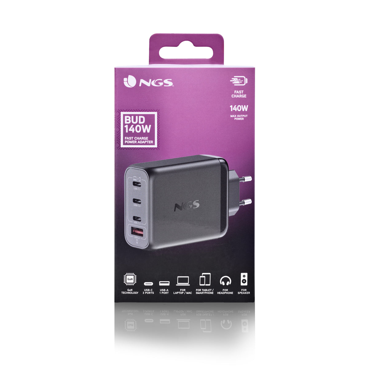 Chargeur secteur NGS Bud 3x USB-C + 1x USB-A 140W (Noir)