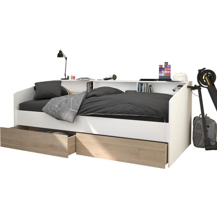 Lit banquette 2 tiroirs 90 x 200/190 cm - MDF - Mat décor chene et blanc - JOY - 2339ENSE