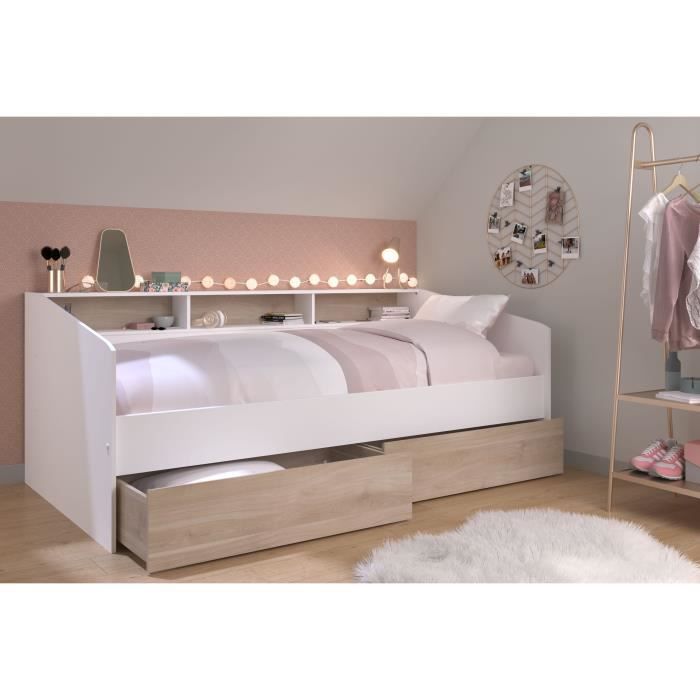 Lit banquette 2 tiroirs 90 x 200/190 cm - MDF - Mat décor chene et blanc - JOY - 2339ENSE