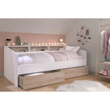 Lit banquette 2 tiroirs 90 x 200/190 cm - MDF - Mat décor chene et blanc - JOY - 2339ENSE