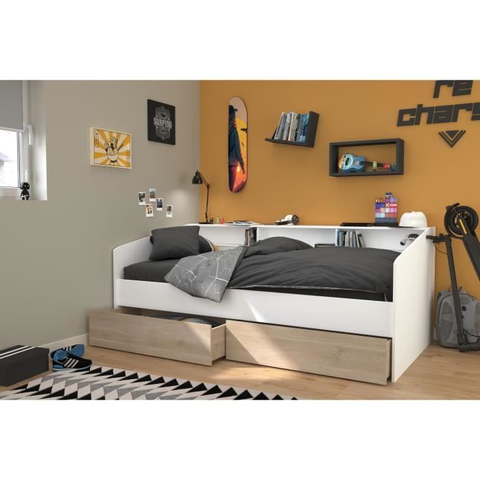 Lit banquette 2 tiroirs 90 x 200/190 cm - MDF - Mat décor chene et blanc - JOY - 2339ENSE