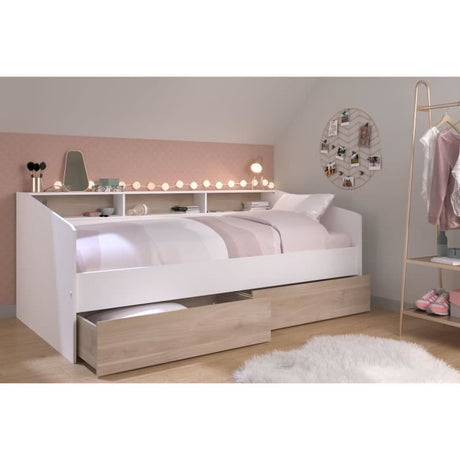 Lit banquette 2 tiroirs 90 x 200/190 cm - MDF - Mat décor chene et blanc - JOY - 2339ENSE
