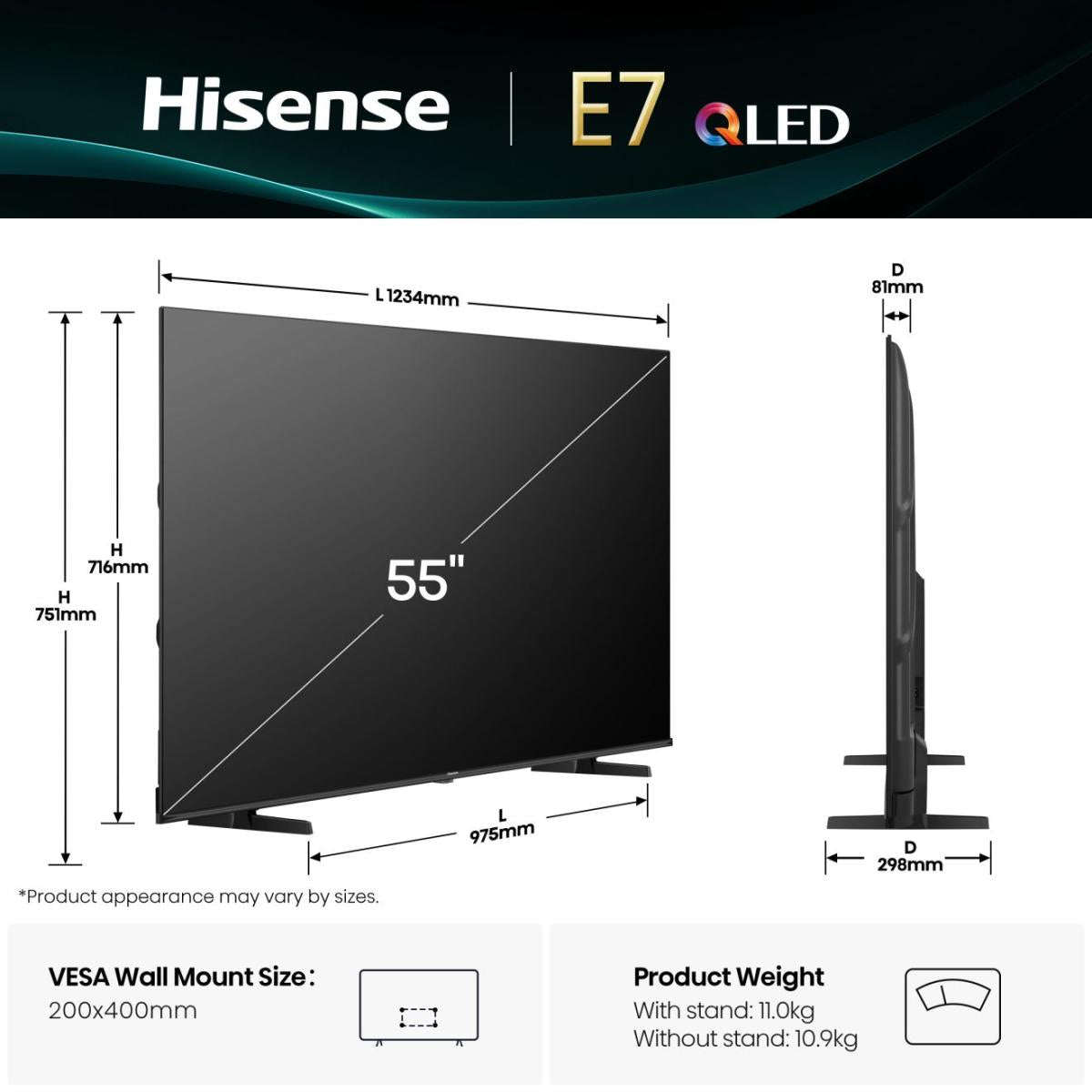 Hisense 55E7Q - TV QLED 55 (136 cm) - 4K UHD 3840x2160 - TV connecté - 3xHDMI 2.1 - WiFi