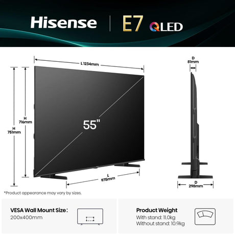 Hisense 55E7Q - TV QLED 55 (136 cm) - 4K UHD 3840x2160 - TV connecté - 3xHDMI 2.1 - WiFi