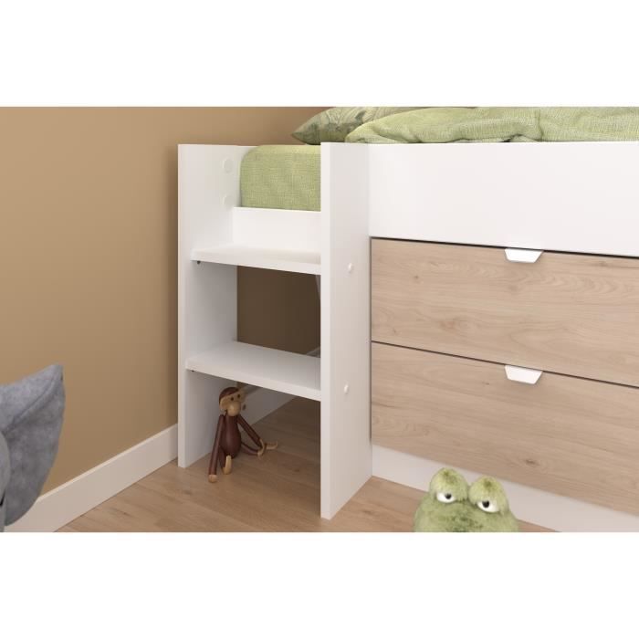 PARISOT SLIDE - Lit toboggan enfant - Décor Blanc et Chene Jackson - Sommier inclus - 90 x 200 cm