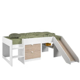 PARISOT SLIDE - Lit toboggan enfant - Décor Blanc et Chene Jackson - Sommier inclus - 90 x 200 cm