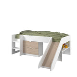 PARISOT SLIDE - Lit toboggan enfant - Décor Blanc et Chene Jackson - Sommier inclus - 90 x 200 cm