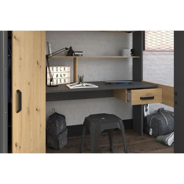 Lit combiné mezzanine enfant PARISOT HIGH - Chene et gris - Sommier inclus - 90 x 200 cm