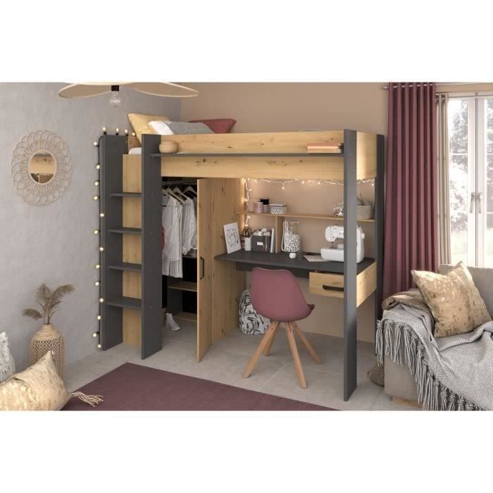 Lit combiné mezzanine enfant PARISOT HIGH - Chene et gris - Sommier inclus - 90 x 200 cm