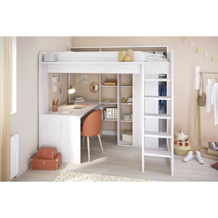 Lit combiné mezzanine enfant PARISOT Lena - Pin Petterson - Sommier inclus - 90 x 200 cm